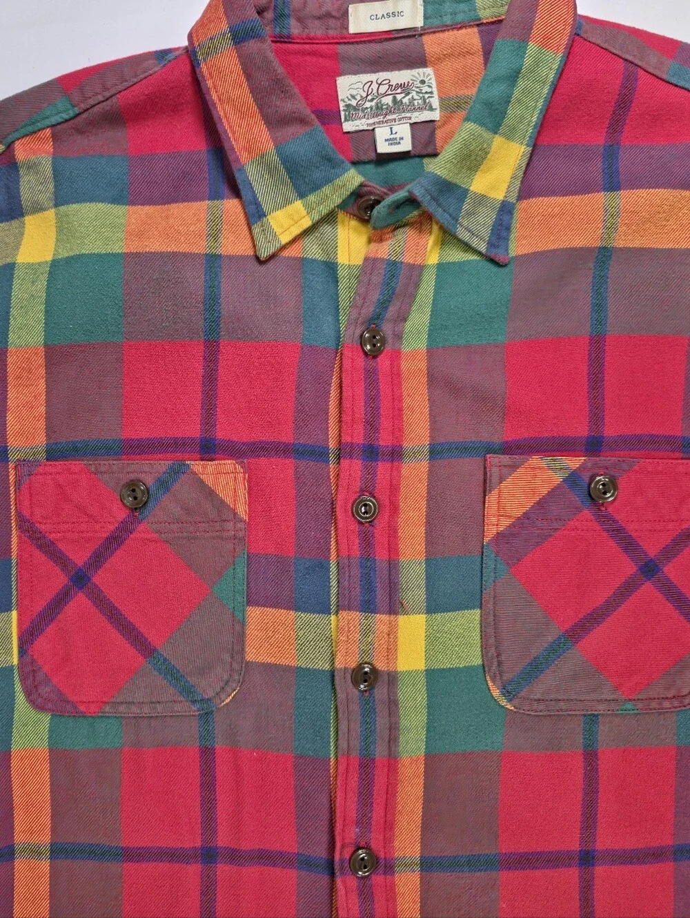 J.Crew Men Midweight Flannel Workshirt L Multicolor Plaid Cotton Button Up Shirt